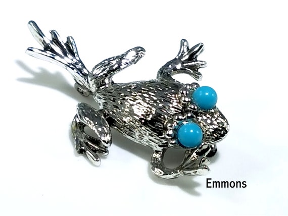 Emmons Frog Brooch, Faux Turquoise, Silver Tone, … - image 1