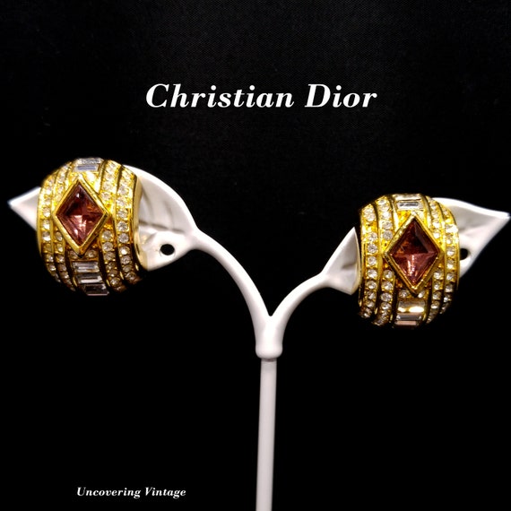 Christian Dior Purple Clear Rhinestones Hoop Earr… - image 1