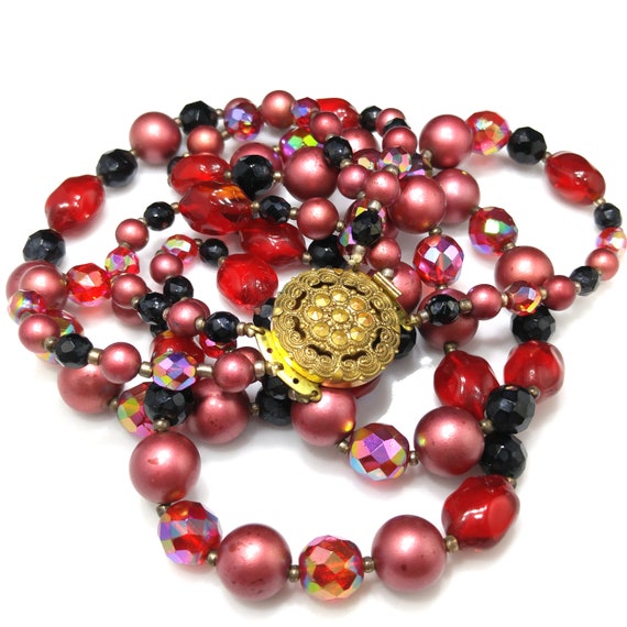 Germany Burgundy Red Beaded Necklace, Czech Glass… - image 9