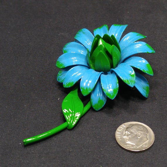 Large Flower Brooch, Blue & Green Enamel on Metal… - image 10