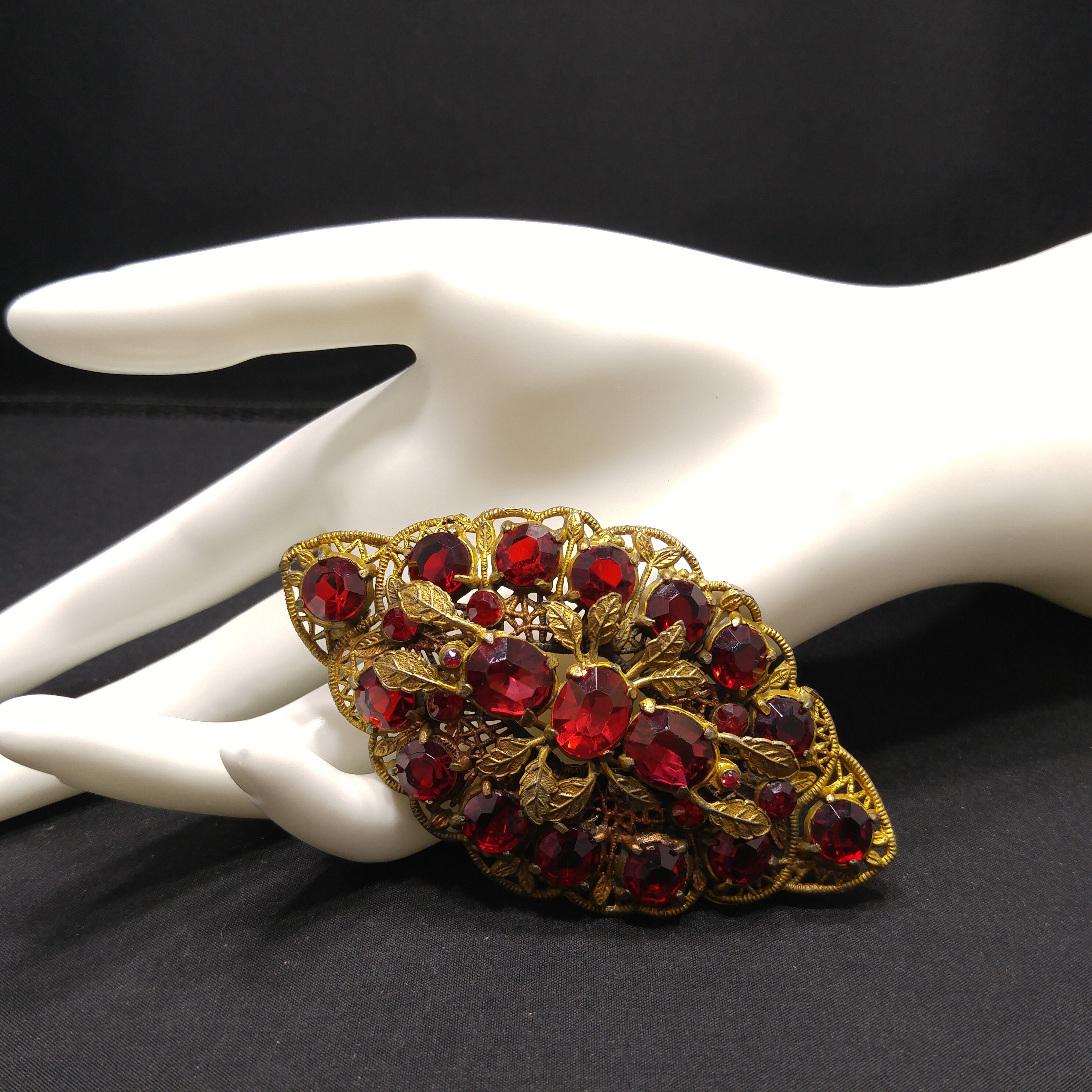Antique Red Rhinestone Filigree Large Brooch, Wide Floral