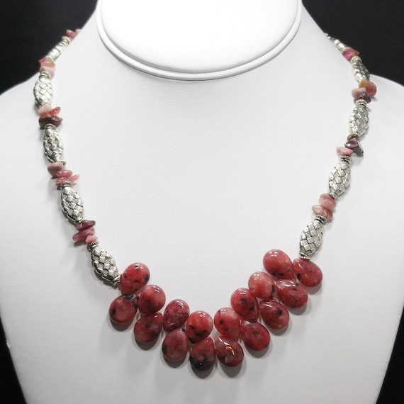 Vintage Raspberry Rhodonite Beaded Necklace, Hand… - image 1