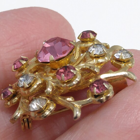 Coro Pink Rhinestone Brooch, Gold Plated Scatter … - image 8