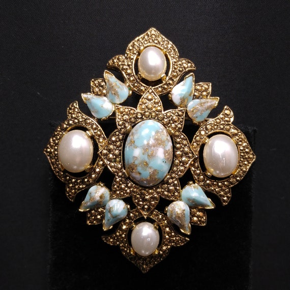 Sarah Coventry Turquoise Pendant Brooch, Faux Pea… - image 2