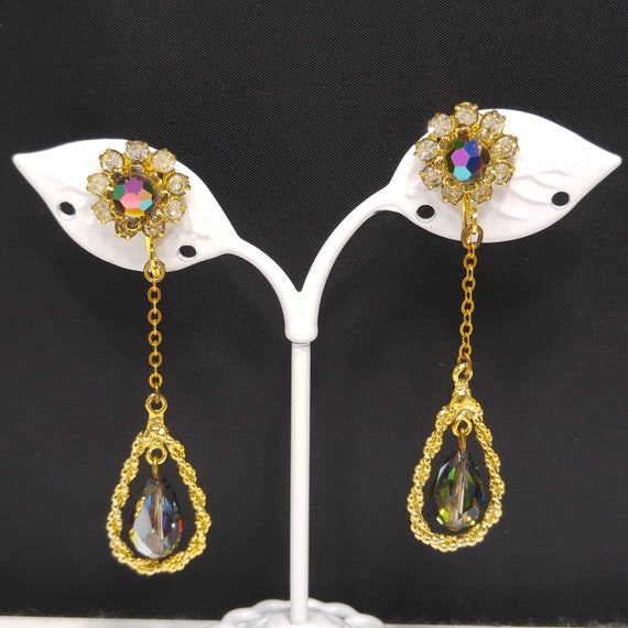 Czech Iridescent Beaded Dangle Clip Earrings, Pea… - image 5