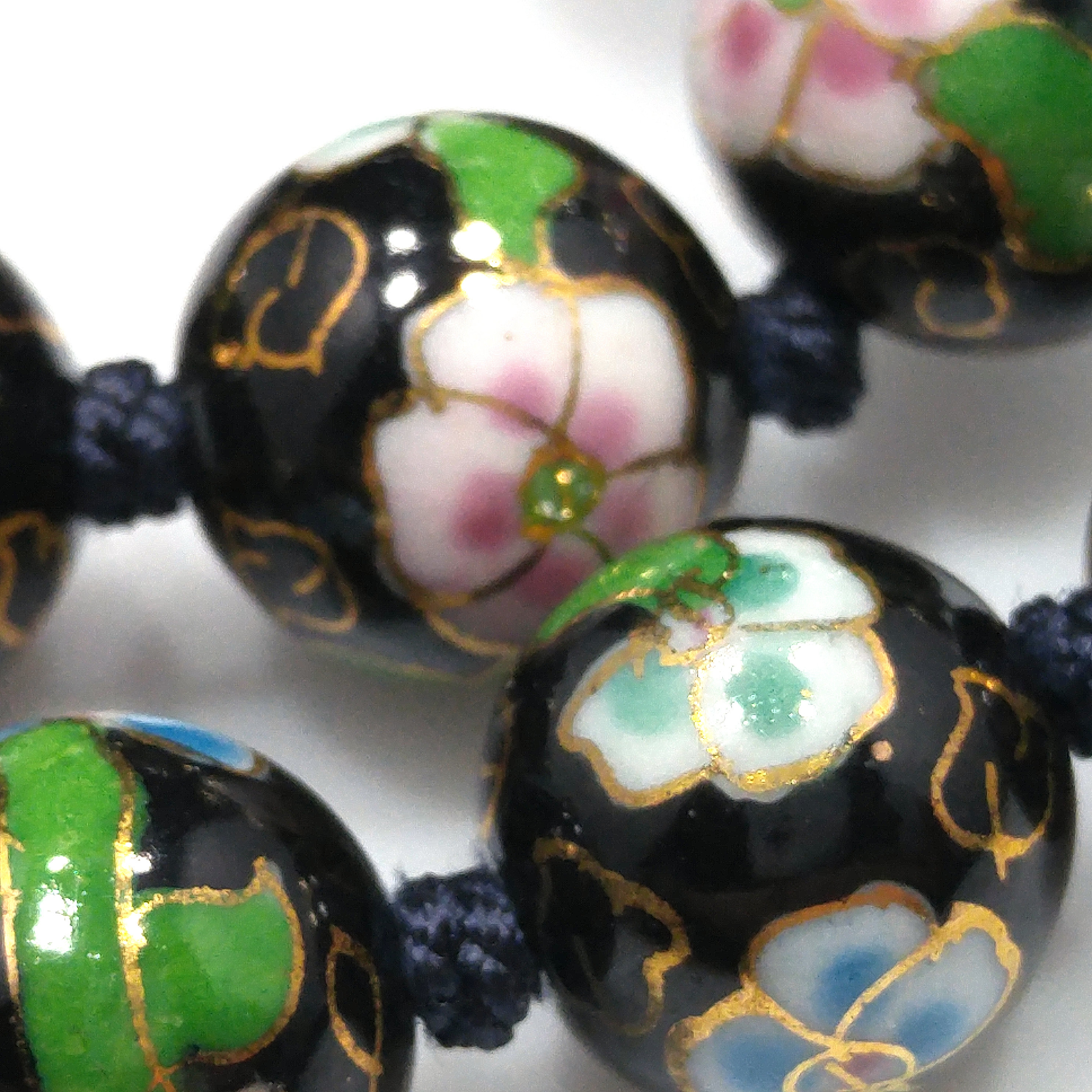 Vintage Black Cloisonné Floral Beaded Necklace, Pink Green