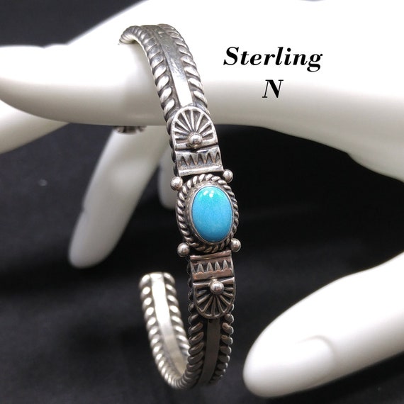 Silver Cuff Gemstone Bracelet, Stamped STERLING N… - image 1