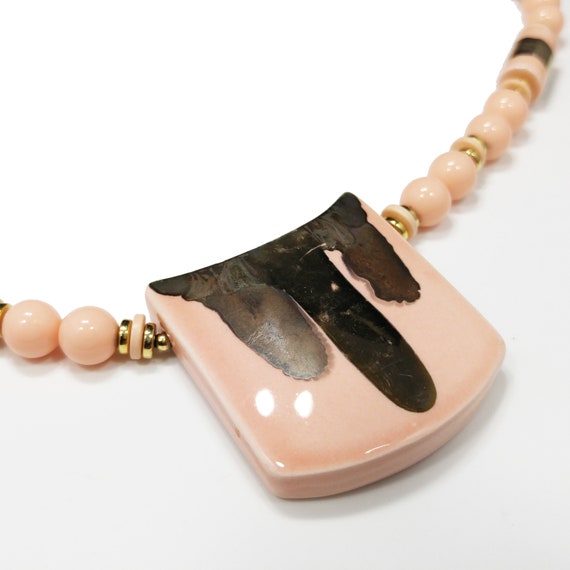 Japan Ceramic Peach & Bronze Pendant Beaded Neckl… - image 2