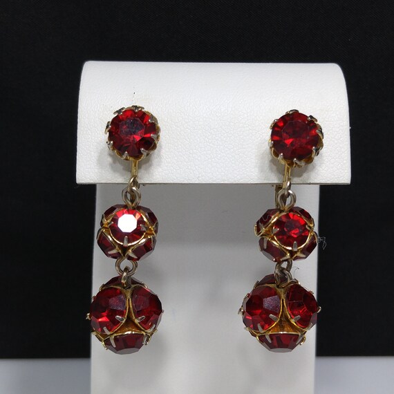 Red Rhinestone Long Clip Earrings, Rhinestone Bea… - image 4