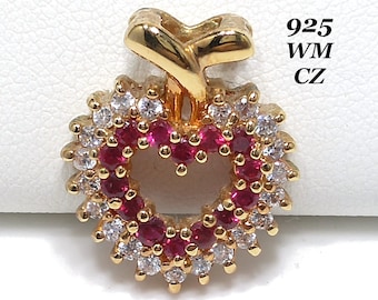 CZ Gemstone Heart Pendant, 925 WM Gold Plate Over Sterling, 1990s Vintage Jewelry