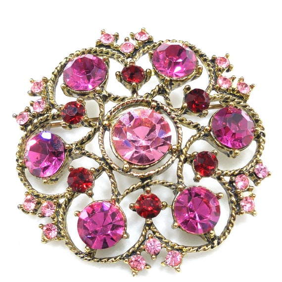 Weiss Pink Rhinestone Brooch, Antique Gold Rope P… - image 2