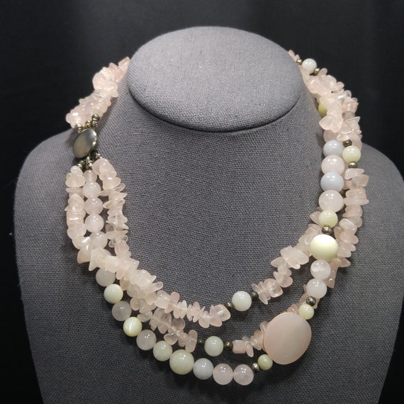 Gemstone Beaded Necklace, Rose Quartz, Mother of … - image 2