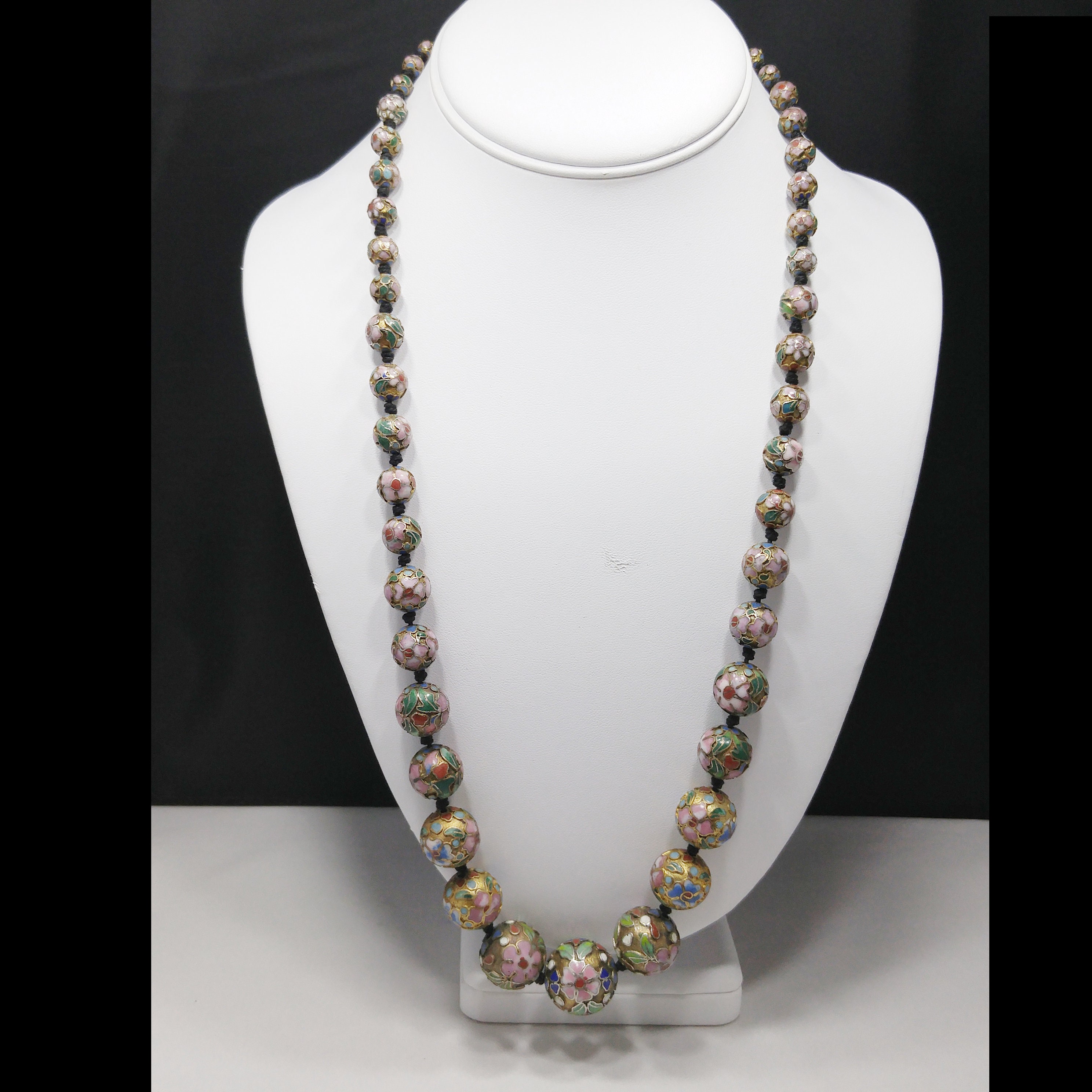 Vintage Cloisonne Beaded Necklace, Hand Knotted, Hand