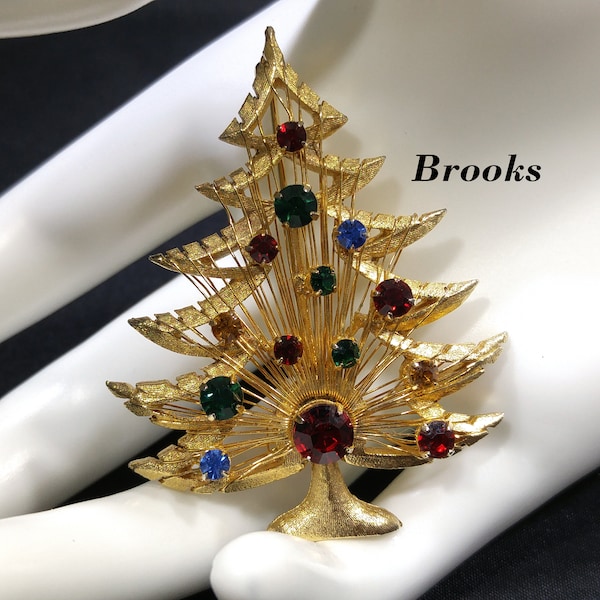 Brooks Harp Christmas Tree Brooch, Multicolored Rhinestones, 1960s Vintage Jewelry