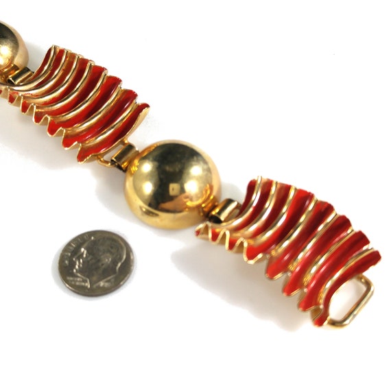 Red Enamel Ribbon Bracelet, Mid Century Modern, G… - image 8