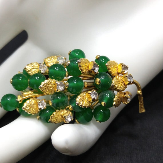 Austrian Green Gold Brooch Clip Earrings Set, Gol… - image 4