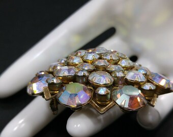 Aurora Borealis Rhinestones Domed Riveted Brooch, Prong Set