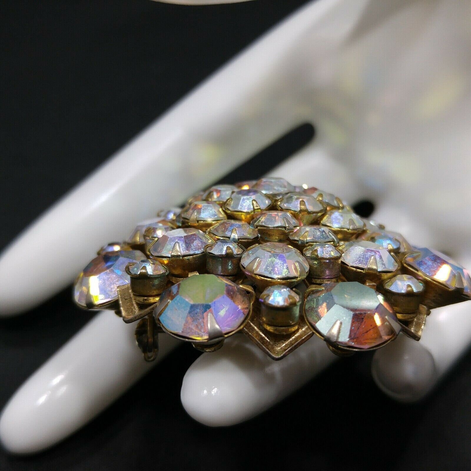 Aurora Borealis Rhinestones Domed Riveted Brooch, Prong Set