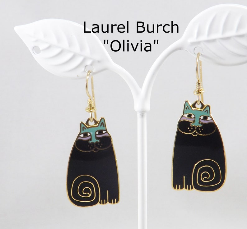 Laurel Burch Olivia Cat Earrings, Gold Plated, Black Enamel, 1980s Vintage Jewelry image 1