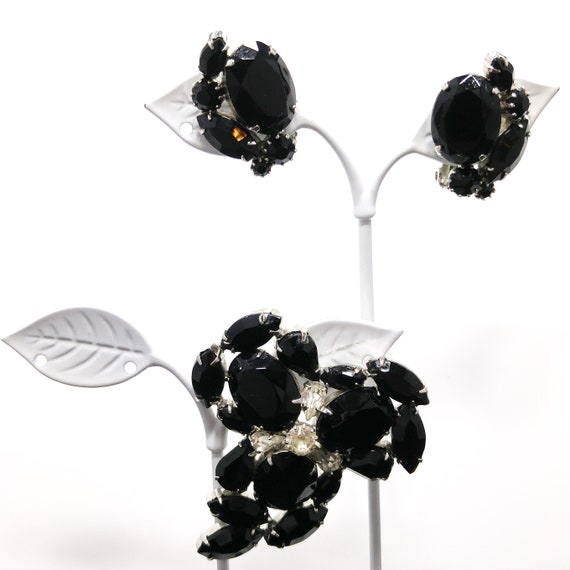 Weiss Black & Clear Rhinestone Brooch and Earring… - image 2
