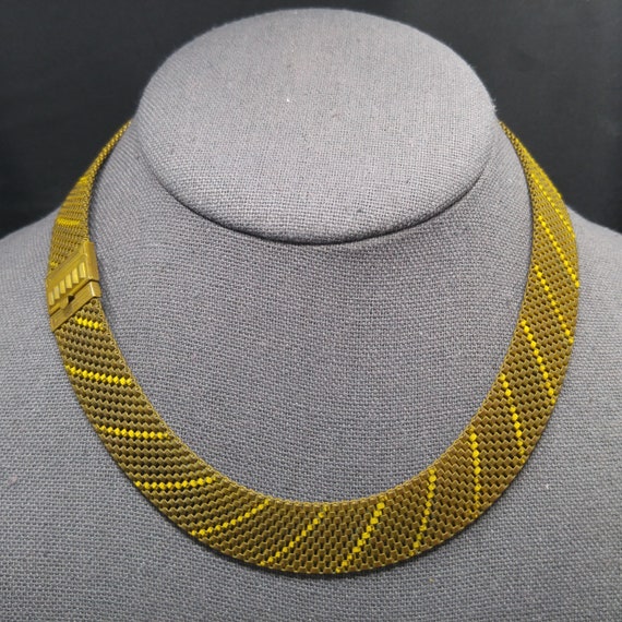 Art Deco Brass Mesh Necklace, Yellow Enamel, 1930… - image 6