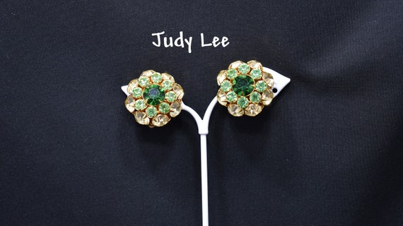 Judy Lee Green Rhinestone Clip Earrings, 1960s Vi… - image 1