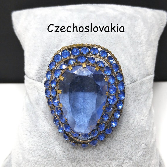 Czech Blue Glass & Rhinestone Dress Clip, 1940 Vin