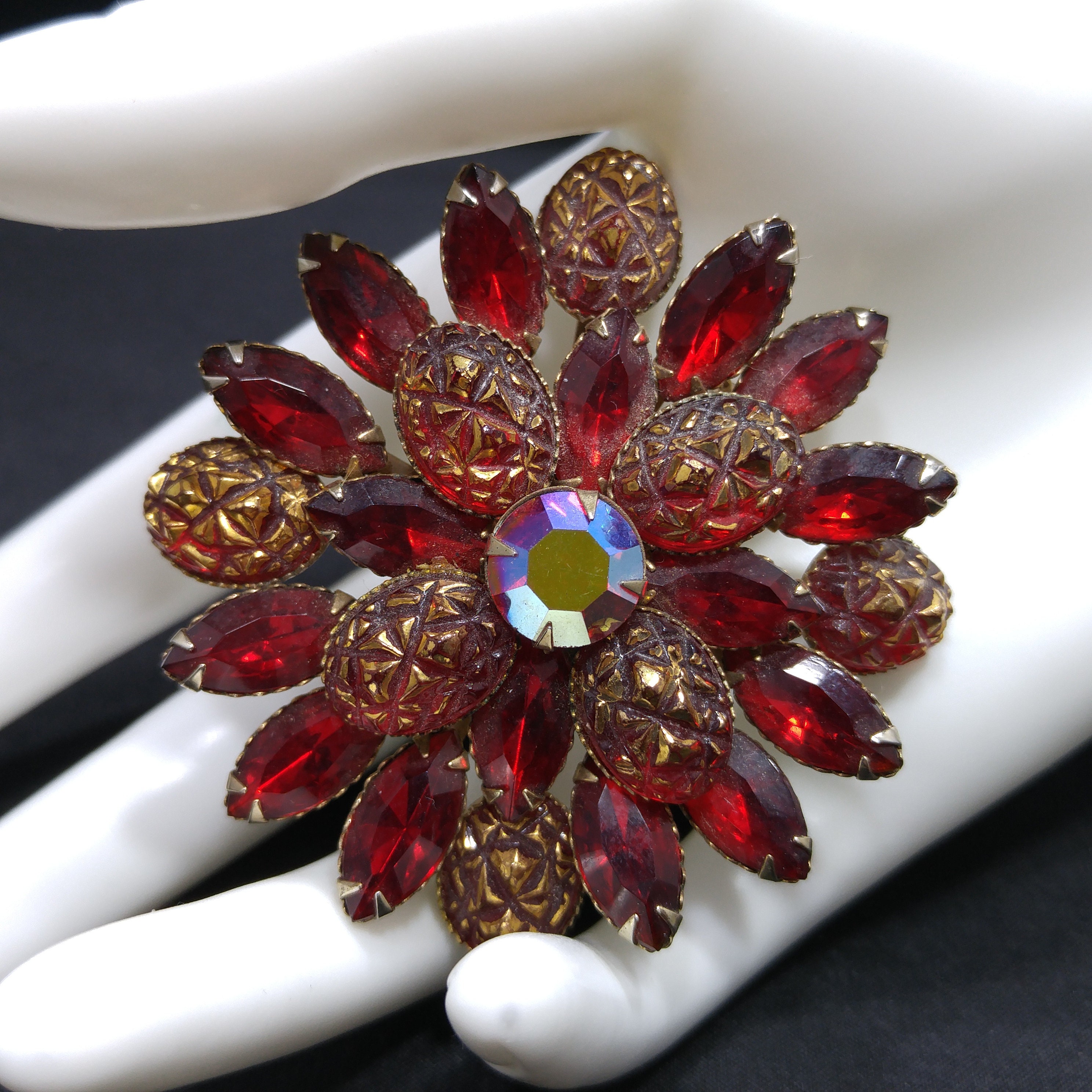 Judy Lee Red Rhinestone Brooch, Red Gold Molded Glass Petals 