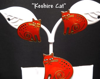 Laurel Burch "Keshire Cat" Red Brooch & Post Earrings, Gold Plated Cloisonne, Red Enamel, 1980s Vintage Jewelry