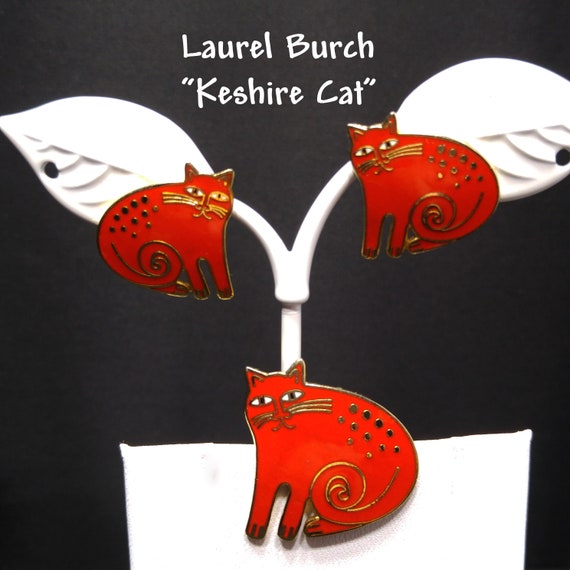 Laurel Burch "Keshire Cat" Red Brooch & Post Earr… - image 1