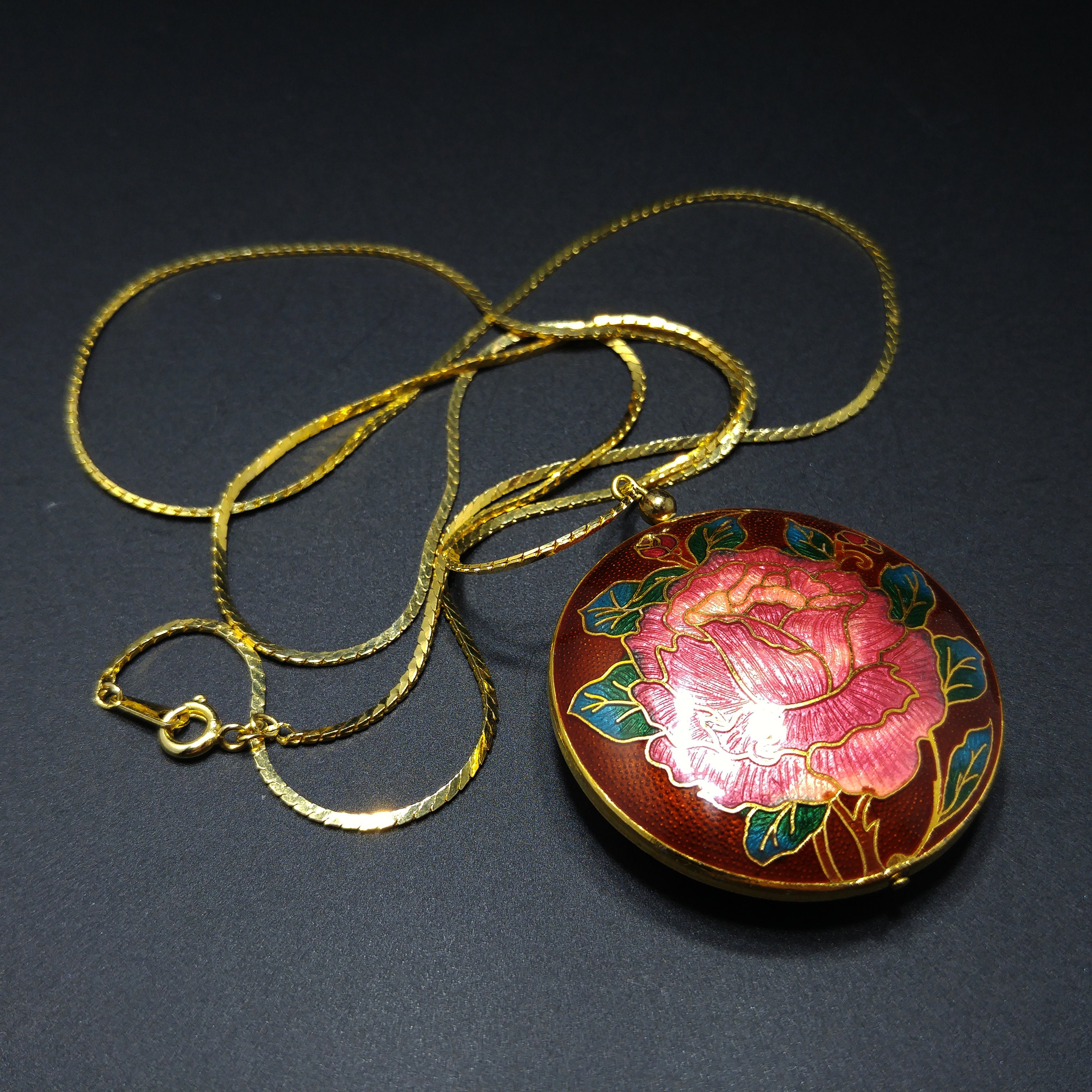 Cloisonne Rose Flower Double Sided Pendant, Gold Tone Long
