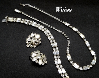 Weiss Earrings Bracelet & Necklace, Clear Rhinestones, Rhodium Plated, 1950s Vintage Jewelry