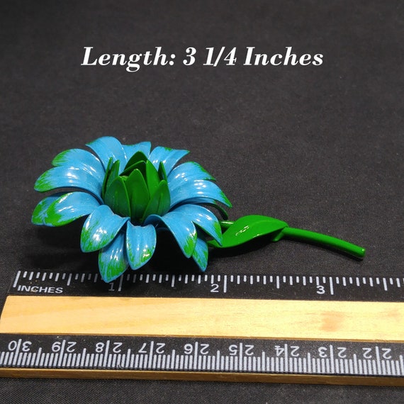 Large Flower Brooch, Blue & Green Enamel on Metal… - image 6