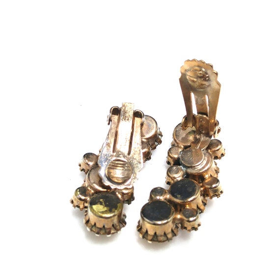 Karu Arke Rhinestones Clip Earrings Topaz AB Austrian Crystals 1960s Vintage Jewelry