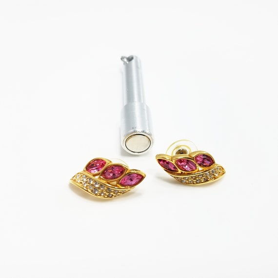 S. A. L. Swarovski Pink Rhinestone Earrings, Gold… - image 7