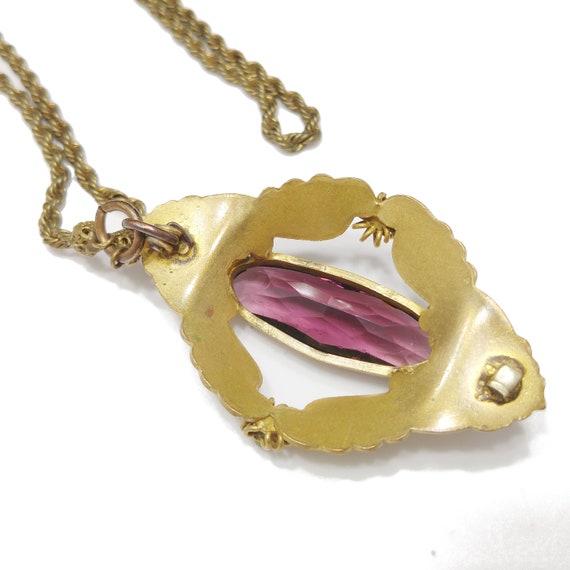 Victorian Purple Glass Pendant Necklace, Golden B… - image 7