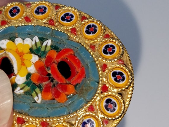 Italian Floral Micro Mosaic Oval Brooch, Murano G… - image 5