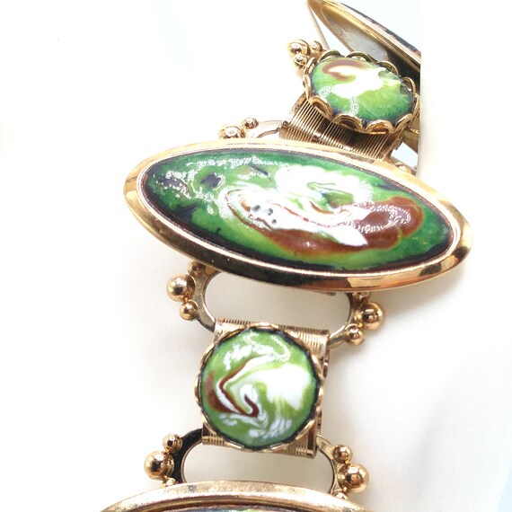 Mid-Century Enamel Book Chain Bracelet, Green Bro… - image 2