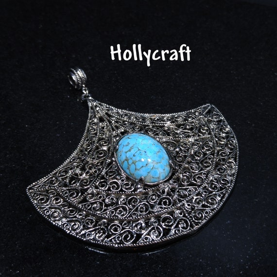 Hollycraft Faux Turquoise Large Pendant, Silver To