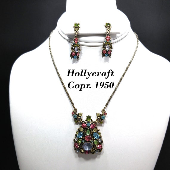 Hollycraft Pastel Rhinestone Necklace Earrings Set