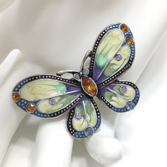 Butterfly Enamel & Rhinestone Brooch, Silver Tone… - image 3