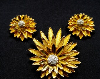 Joseph Mazer Flower Brooch & Earrings, Gold Plated, 1960s