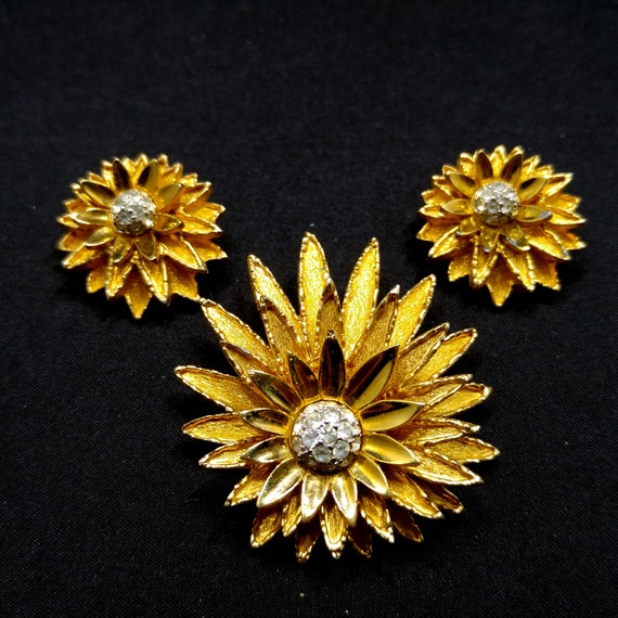Joseph Mazer Flower Brooch & Earrings, Gold Plated, 1960s