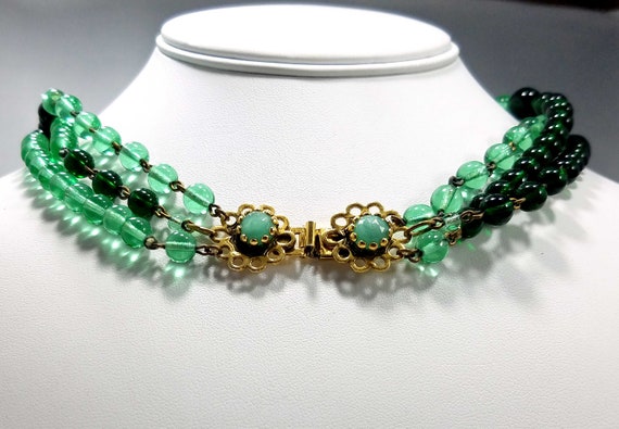 Freirich Green Beaded Necklace. Three Strands, Go… - image 8