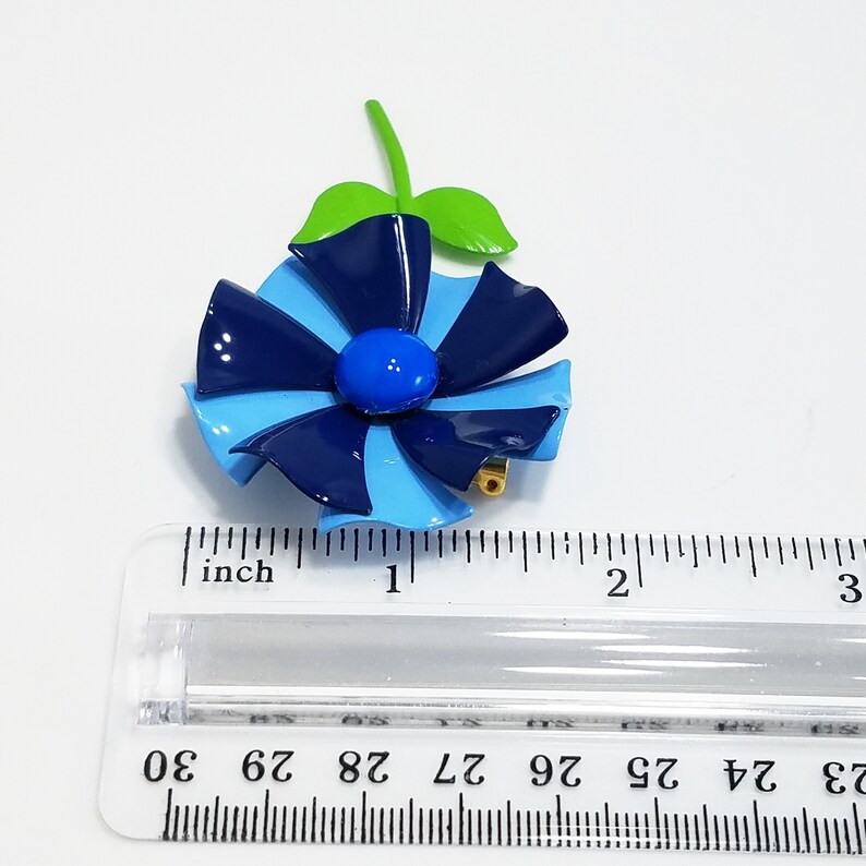 Vintage Two Toned Blue Enamel Metal Flower Brooch Green Stem Double Leaf Vintage Jewelry Vintage 1960s Flower Power Pinwheel Brooch Pin