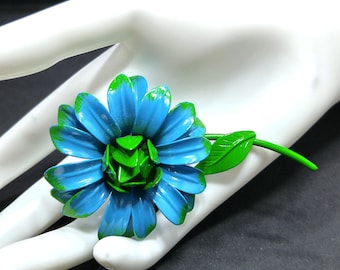 Large Flower Brooch, Blue & Green Enamel on Metal, 1960s Flower Pin