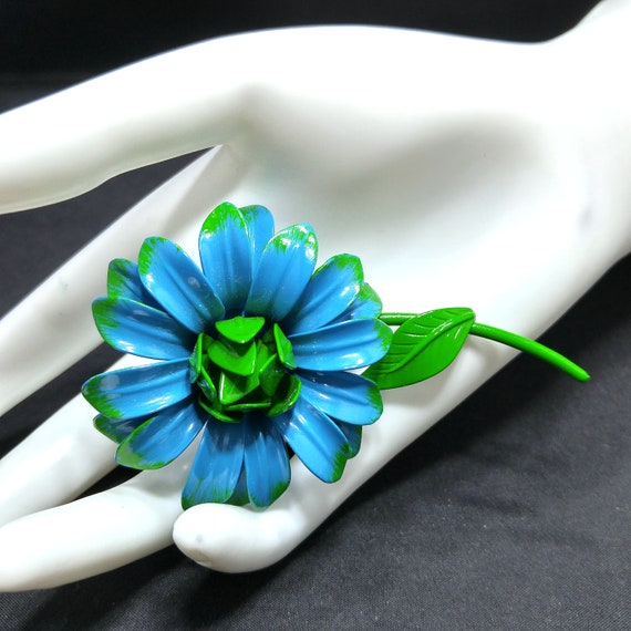 Large Flower Brooch, Blue & Green Enamel on Metal… - image 1