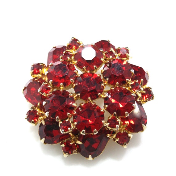 Weiss Red Rhinestone Brooch & Earrings, Gold Plat… - image 3