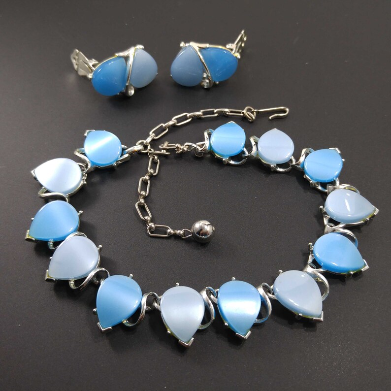 Mid Century Leaves Blue Necklace & Earrings Thermoset Links Etsy