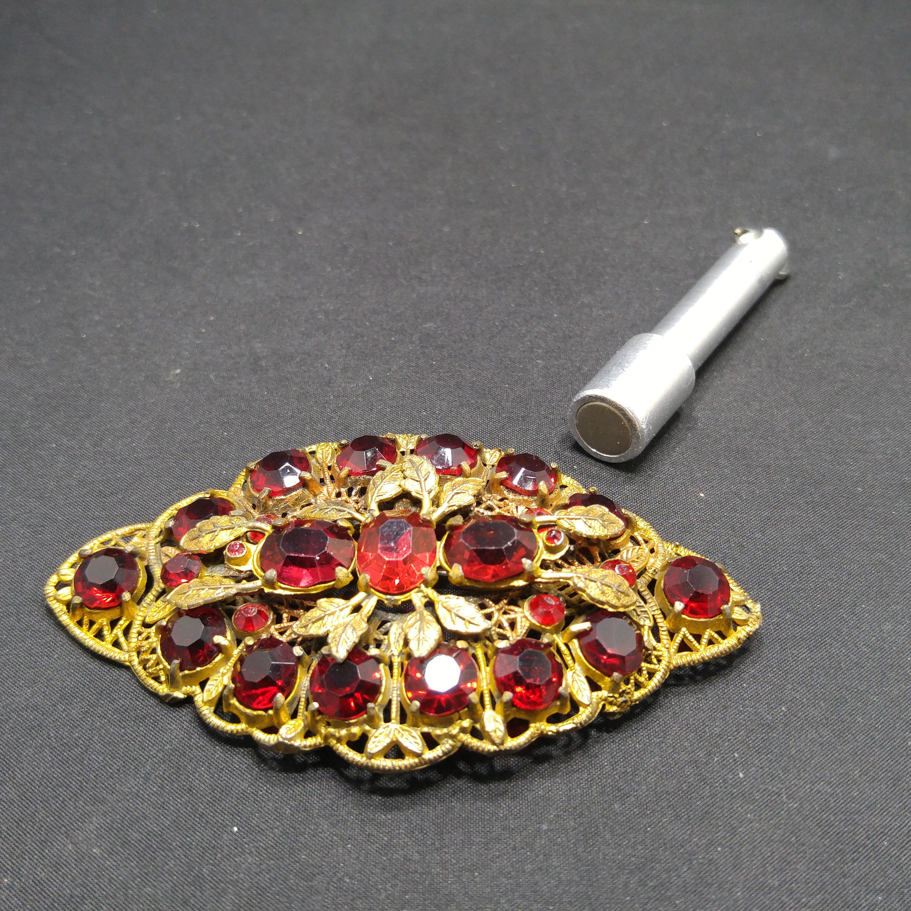 Antique Red Rhinestone Filigree Large Brooch, Wide Floral